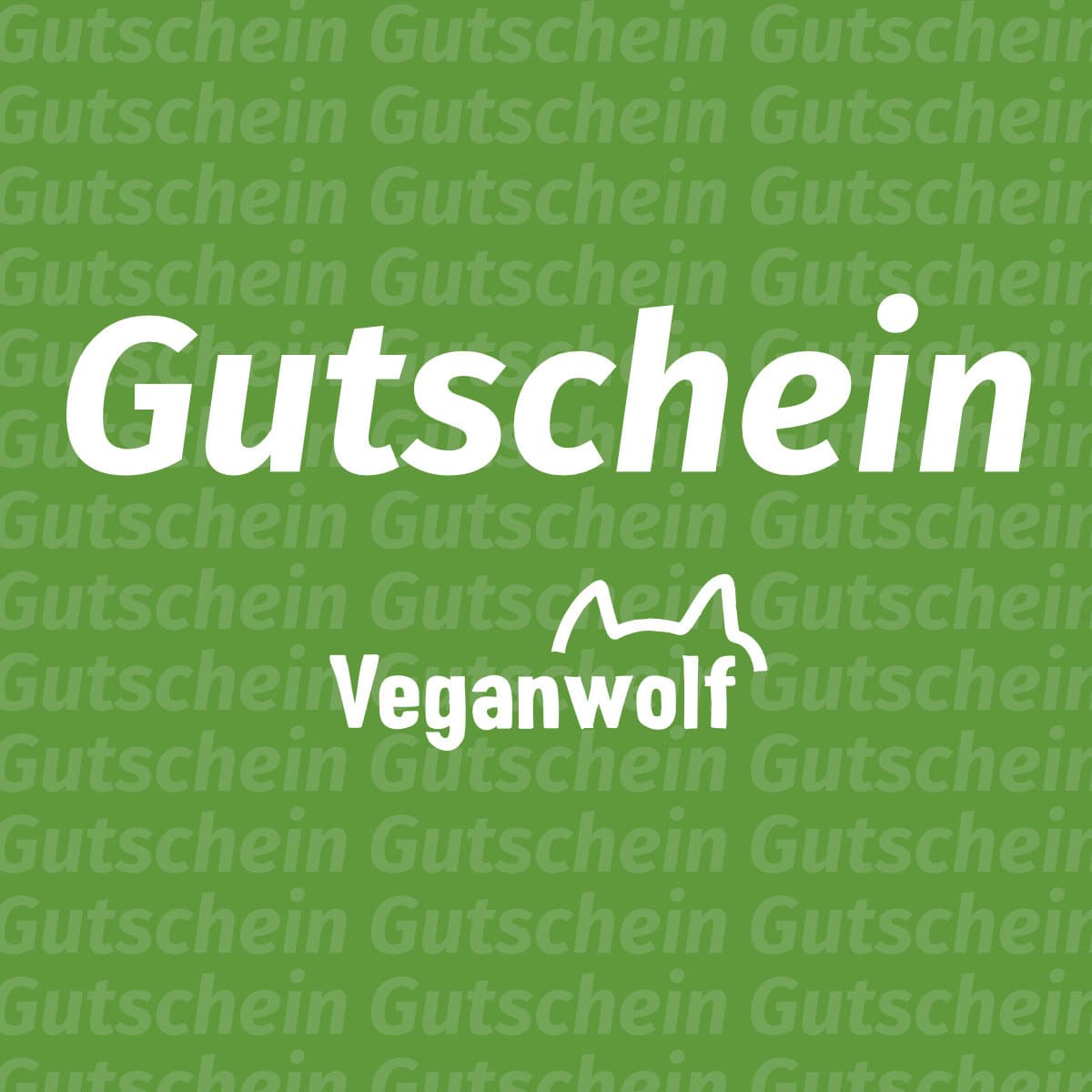 Grüne Gutschein-Karte von Veganwolf mit weißem Wolfskopf-Logo und Gutschein-Schriftzug